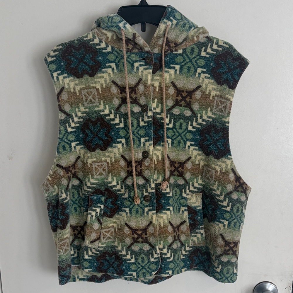 Vintage Patterned Hooded Sleeveless Vest in Green and Brown